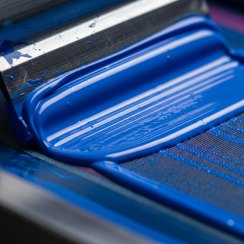 Close-up of blue ink in the screen printing process